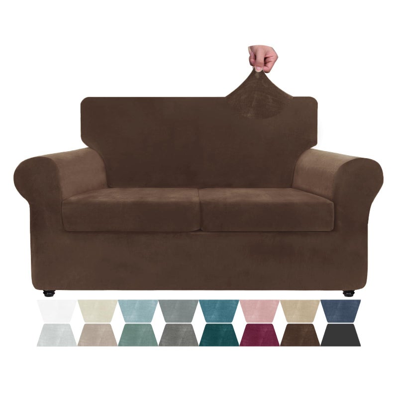 ZNSAYOTX غطاء أريكة فاخرة من المخمل ZNSAYOTX 3 قطع (57"-70") أغطية أريكة ممدودة لكرسيين مع غطاء أريكة سميك وناعم مع حزام غير قابل للانزلاق، صديق للحيوانات الأليفة، واقي أثاث جميل (بني داكن) - Image 1
